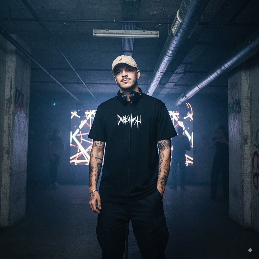 Model trägt DarkXNASH Core Edition T-Shirt mit weißem Logo in Underground-Clubszene, kombiniert mit Streetwear Look und Techno-Vibes.