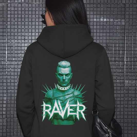 Damen Hoodie in Schwarz mit Green Raver Boy Motiv auf dem Rücken – Rave Fashion für Festival und Techno Club.