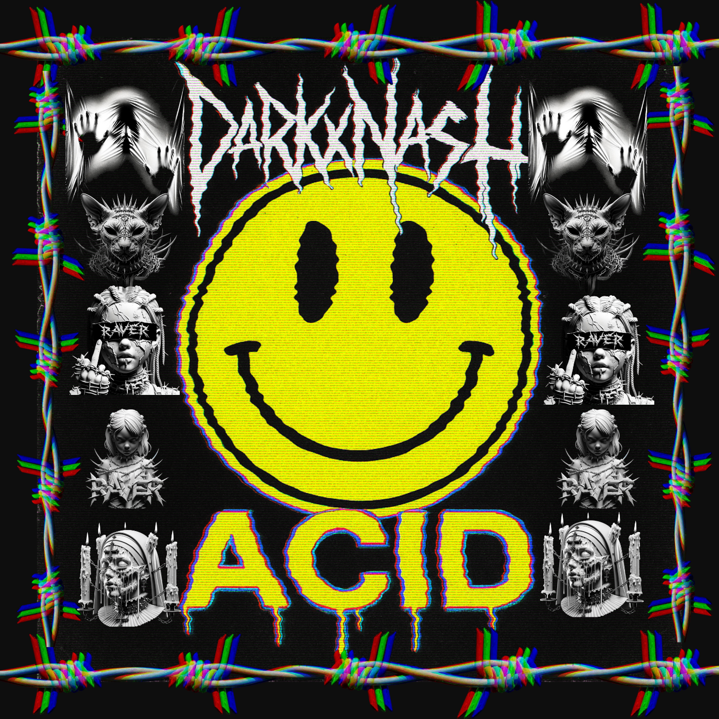 DarkXNASH Acid Design mit gelbem Smiley, 3D-Rave-Figuren und Stacheldrahtrahmen im verzerrten Techno-Stil.