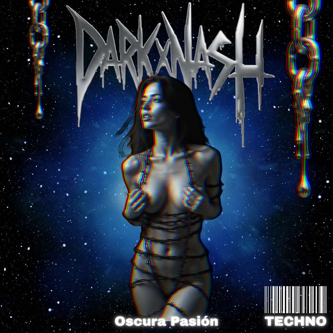 Futuristisches DarkXNASH Cover mit Frau in Ketten, Titel Oscura Pasión, Techno-Design im galaktischen Stil.