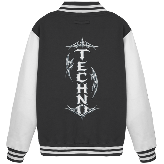 Techno College Jacke DARKXNASH, schwarzer Body mit weißen Ärmeln, Backprint Design, Streetwear Rave Style