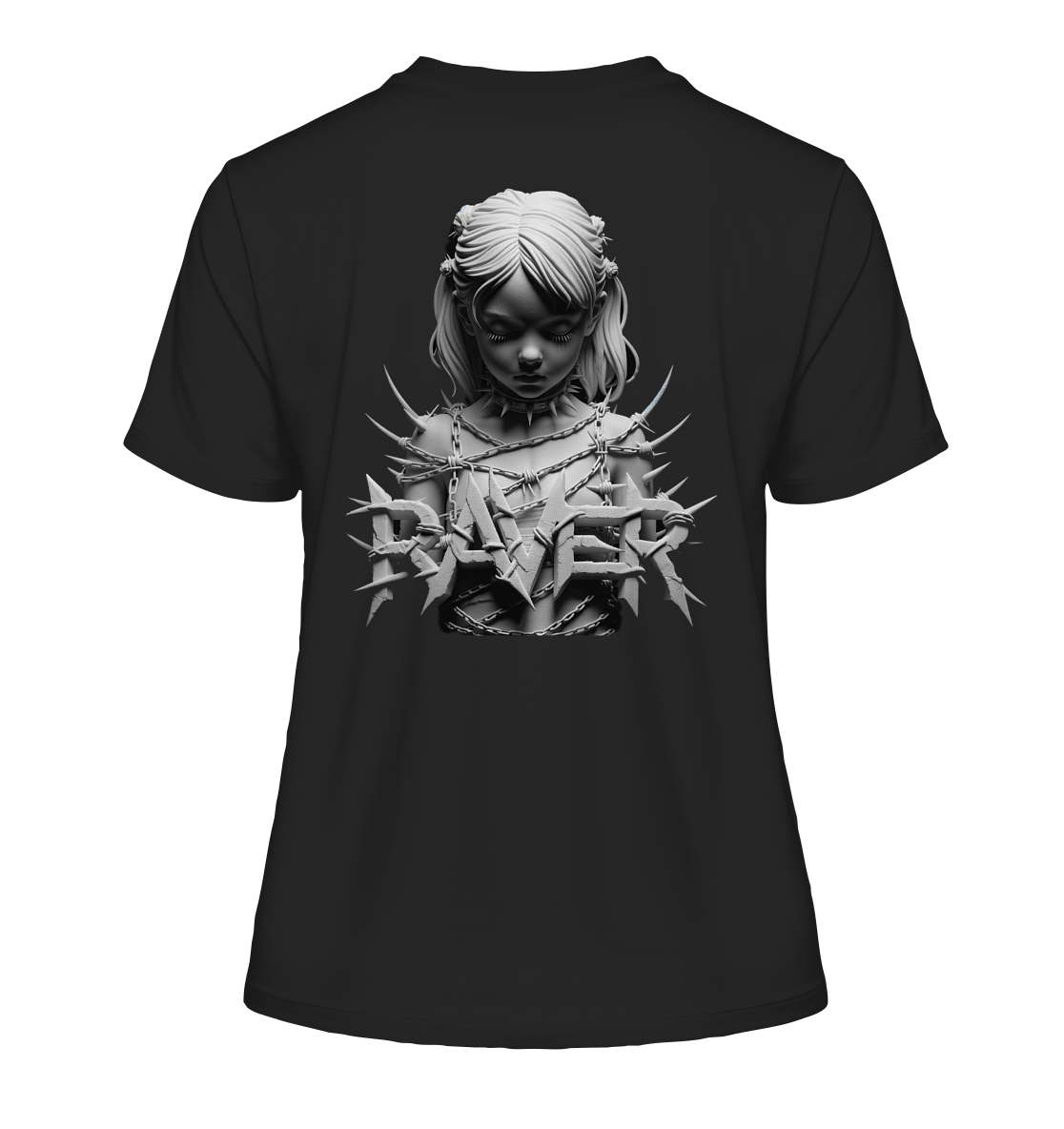 Schwarzes  Ladies Shirt mit einem futuristischen 3D-Design eines Mädchens in Rüstungsoptik und dem Schriftzug 'Raver' in stachelartiger Schrift, perfekt für Techno- und Rave-Fans.