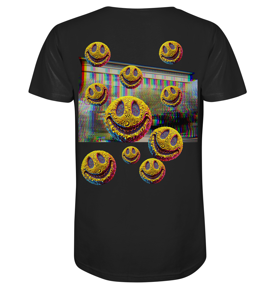 Techno-Shirt mit farbenfrohen Acid-Smileys und Berghain-Design für Rave- und Festival-Fans.