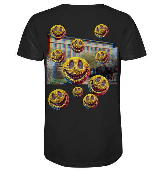 Techno-Shirt mit farbenfrohen Acid-Smileys und Berghain-Design für Rave- und Festival-Fans.