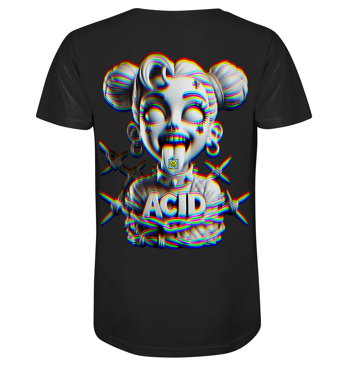 Schwarzes Shirt mit 3D-Artwork einer psychedelischen Cartoon-Figur mit LSD-Blättchen, Stacheldraht und „ACID“-Schriftzug.