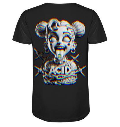 Schwarzes Shirt mit 3D-Artwork einer psychedelischen Cartoon-Figur mit LSD-Blättchen, Stacheldraht und „ACID“-Schriftzug.