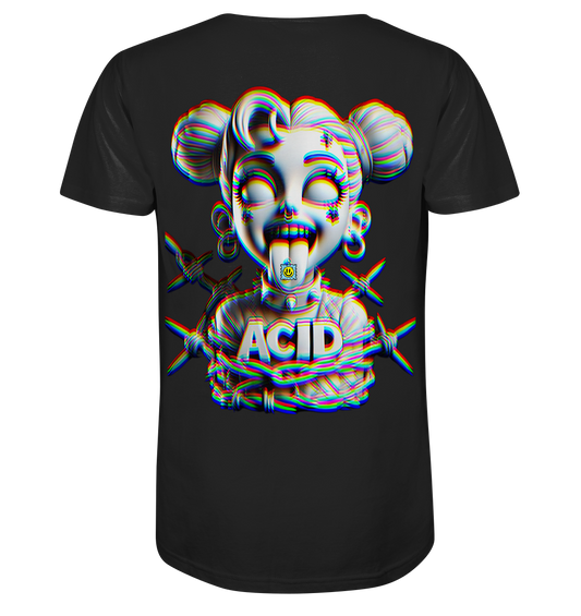 Schwarzes Shirt mit 3D-Artwork einer psychedelischen Cartoon-Figur mit LSD-Blättchen, Stacheldraht und „ACID“-Schriftzug.