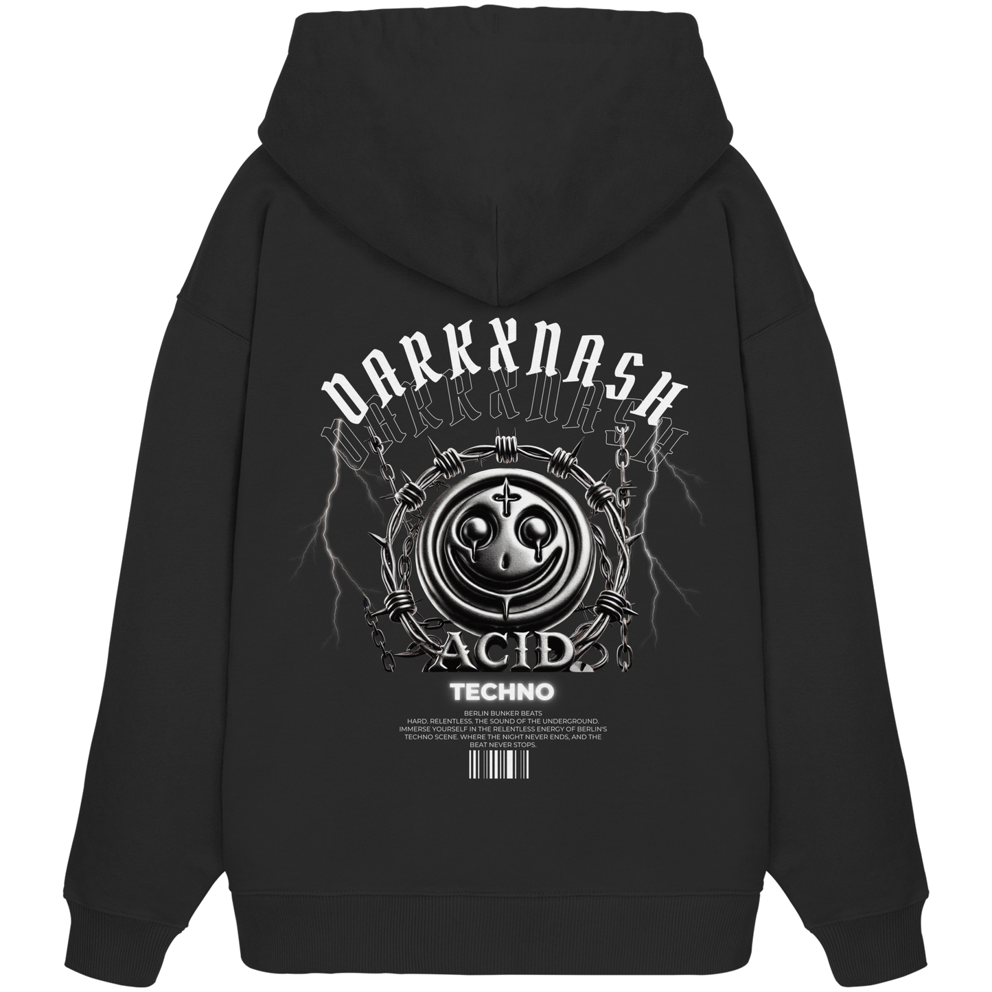 Rückseite eines schwarzen Hoodies mit DARKXNASH-Logo, Acid-Techno-Design, metallischem Smiley, Stacheldraht und Barcode-Elementen. Perfekt für Techno-Fans