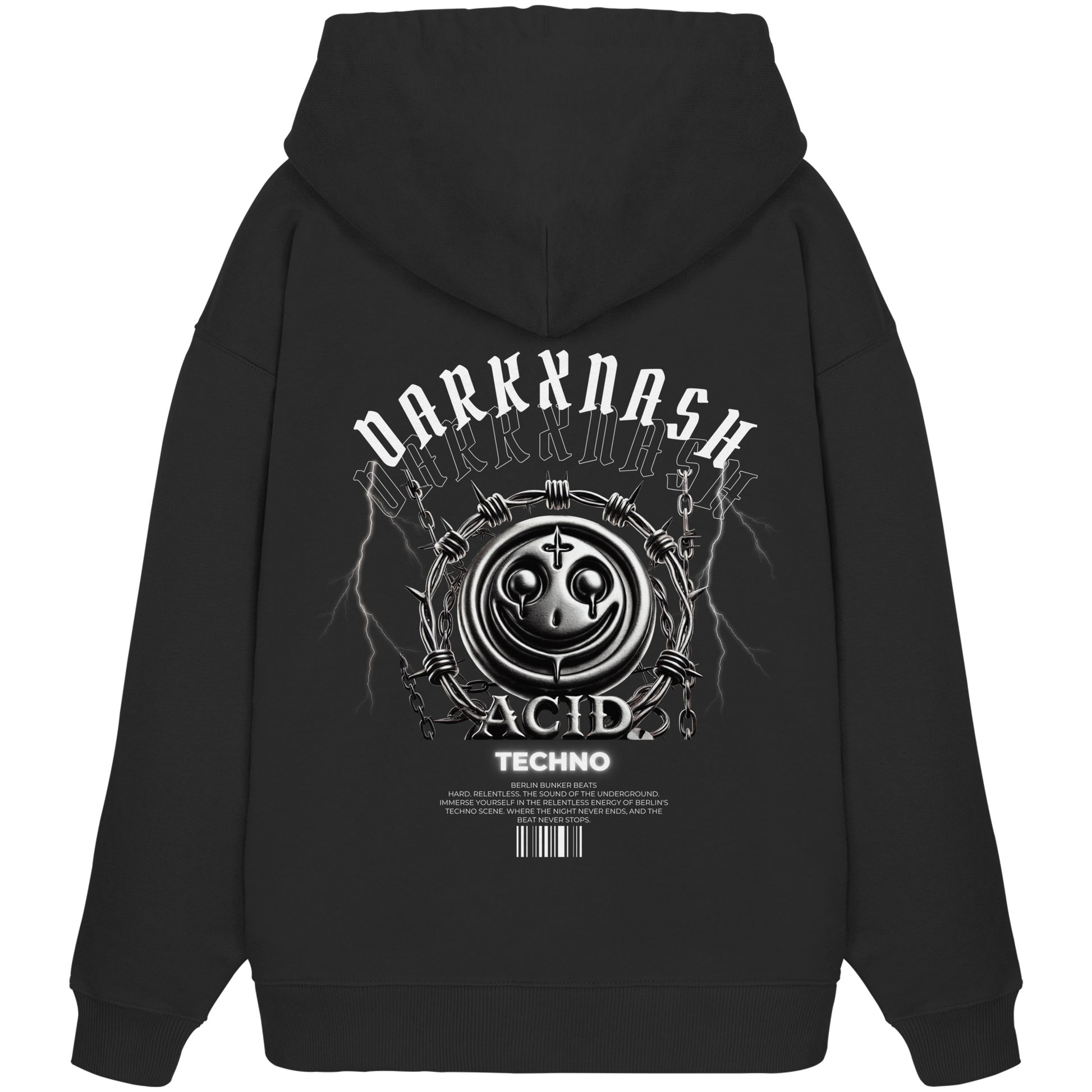Rückseite eines schwarzen Hoodies mit DARKXNASH-Logo, Acid-Techno-Design, metallischem Smiley, Stacheldraht und Barcode-Elementen. Perfekt für Techno-Fans