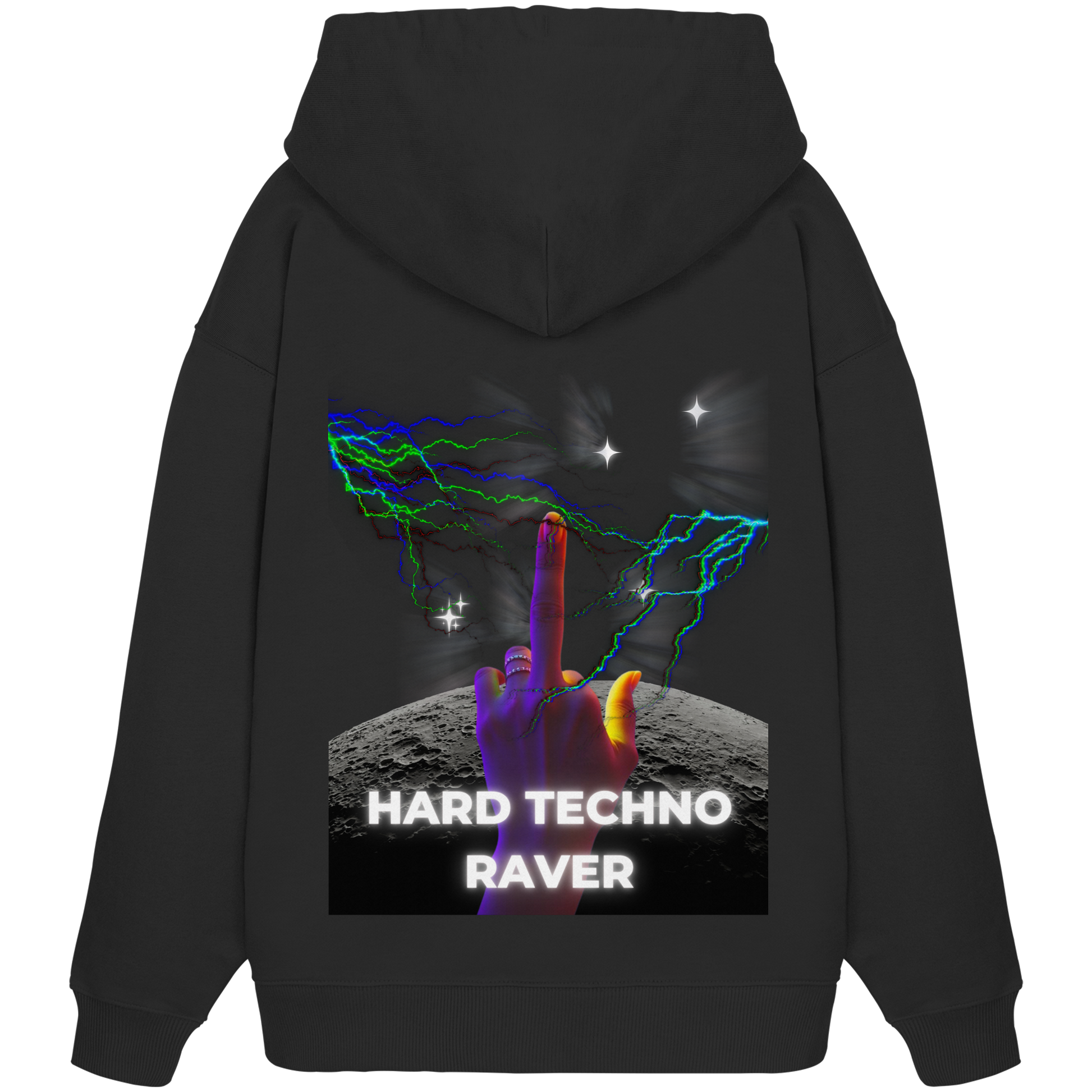Rückseite eines schwarzen Oversize Hoodies mit futuristischer Grafik: neonfarbene Blitze, eine Hand im Neonlicht und der Schriftzug 'Hard Techno Raver'.