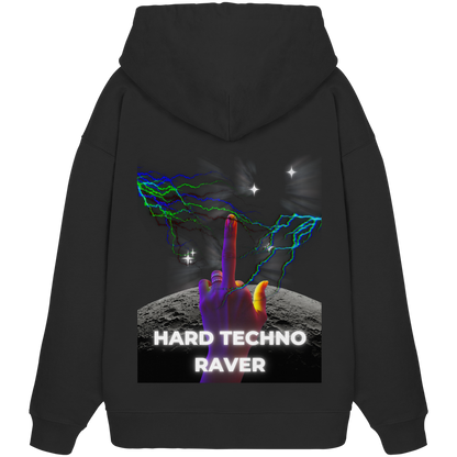 Rückseite eines schwarzen Oversize Hoodies mit futuristischer Grafik: neonfarbene Blitze, eine Hand im Neonlicht und der Schriftzug 'Hard Techno Raver'.