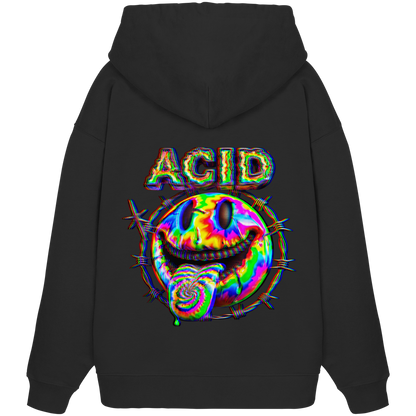 Schwarzer Hoodie mit buntem Acid-Design: Verzerrtes Smiley mit Zunge, Stacheldraht und leuchtendem 'ACID'-Schriftzug.