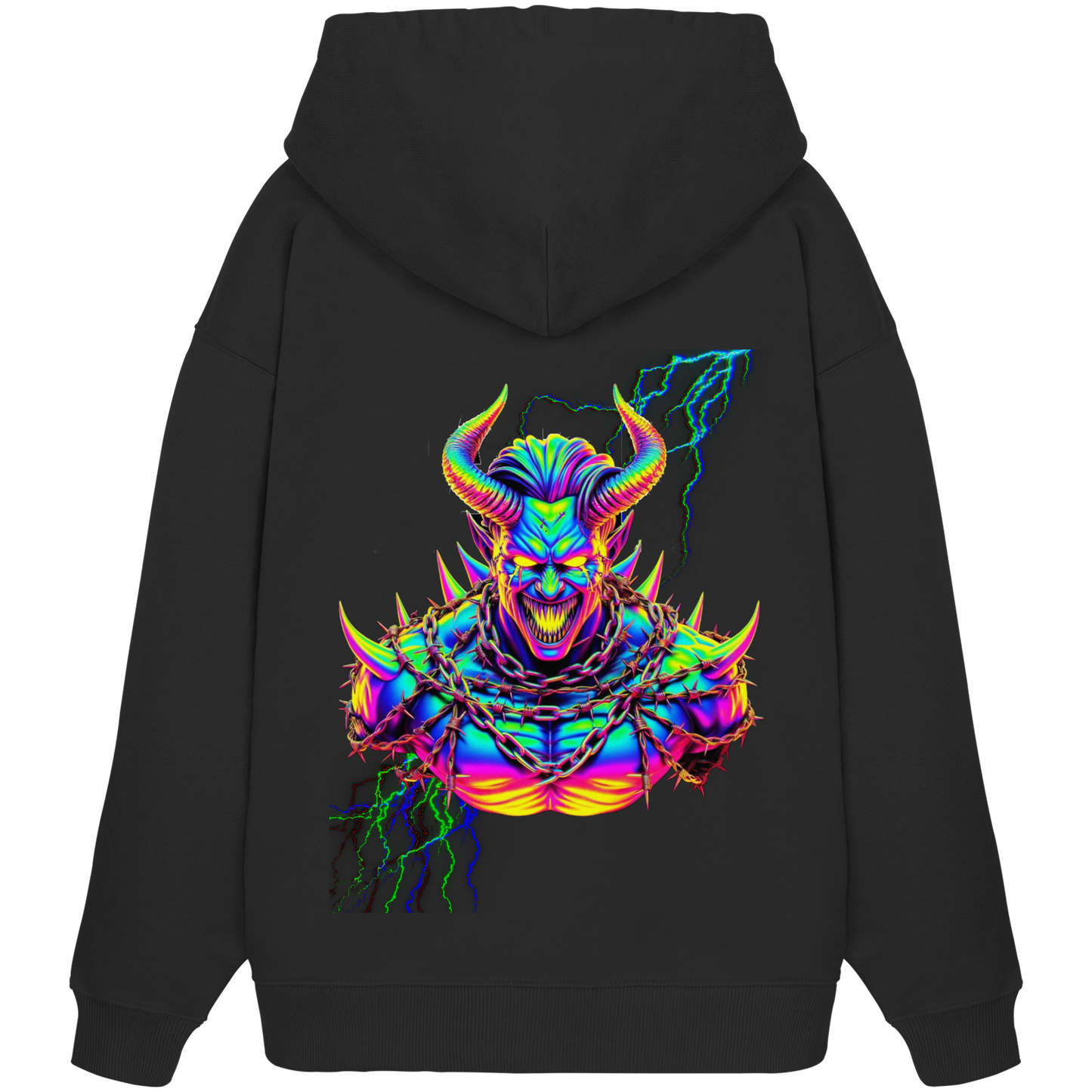 Schwarzer Hoodie mit farbenfrohem Neon-Dämonen-Design auf dem Rücken, umgeben von Ketten und Blitzen, perfekt für Raver und Techno-Fans.