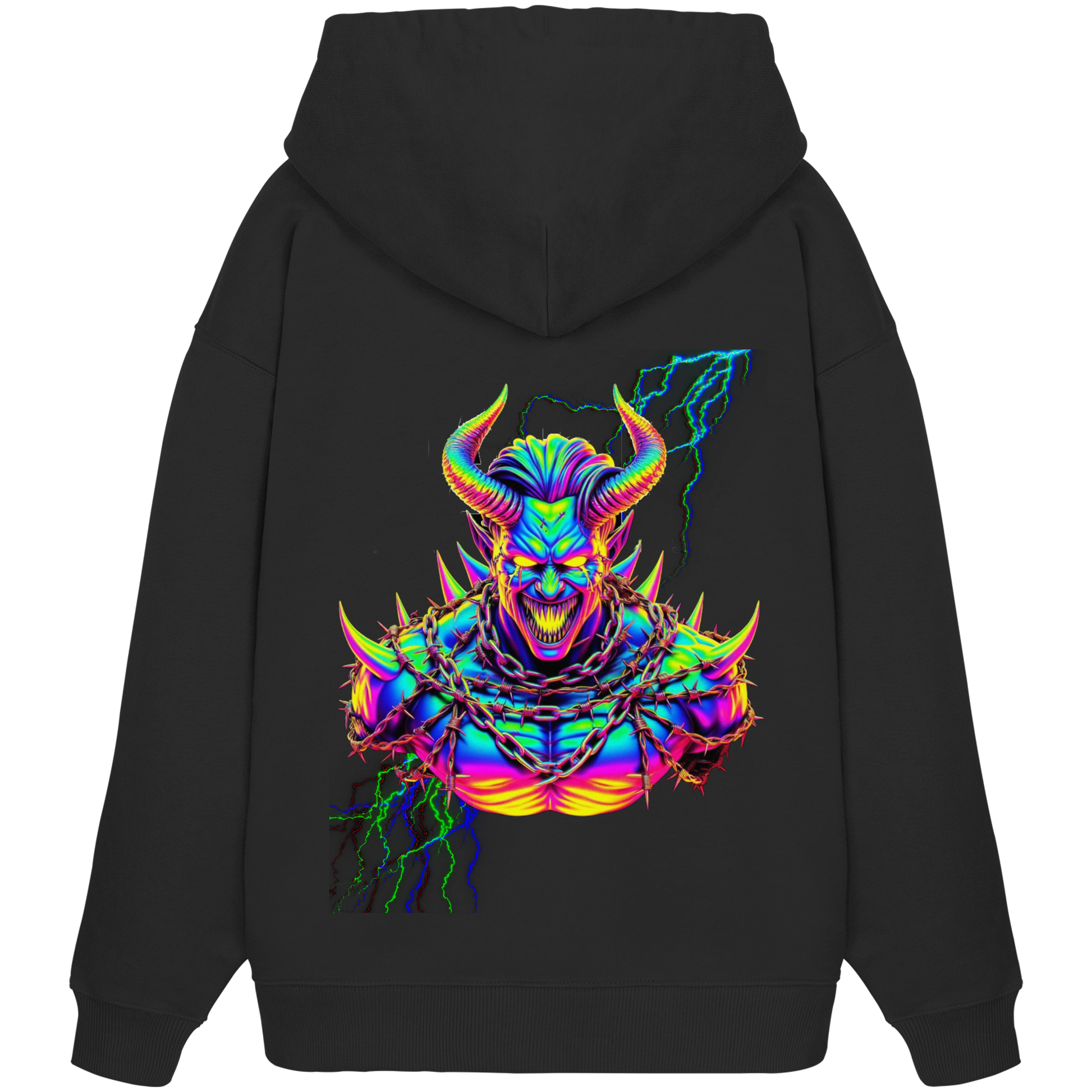 Schwarzer Hoodie mit farbenfrohem Neon-Dämonen-Design auf dem Rücken, umgeben von Ketten und Blitzen, perfekt für Raver und Techno-Fans.
