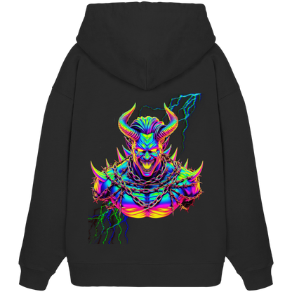 Schwarzer Hoodie mit farbenfrohem Neon-Dämonen-Design auf dem Rücken, umgeben von Ketten und Blitzen, perfekt für Raver und Techno-Fans.