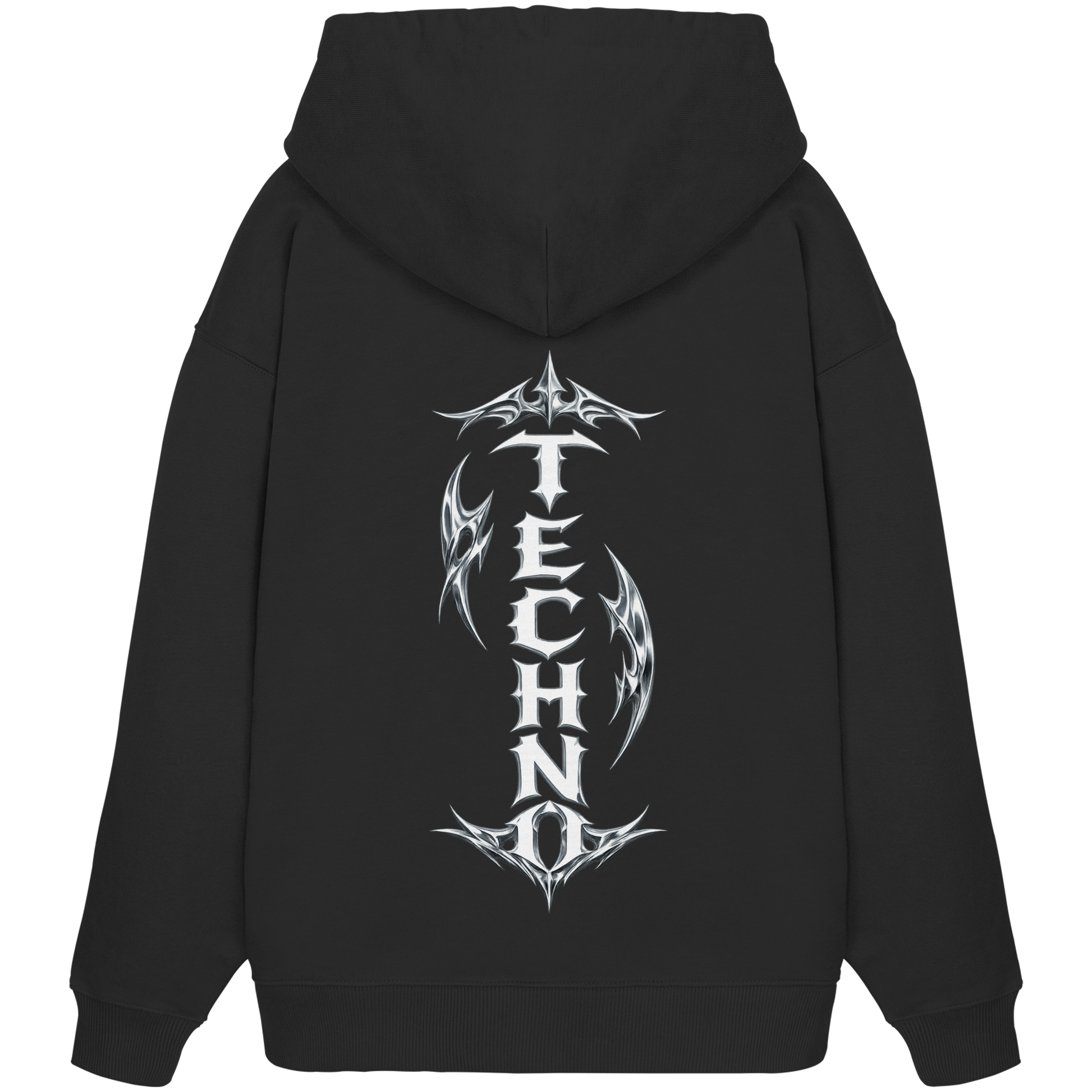 Techno Hoodie DARKXNASH, schwarzer Kapuzenpullover mit Backprint Design, Streetwear Rave Style, minimalistisches Clubwear Motiv
