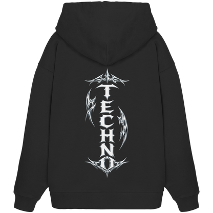 Techno Hoodie DARKXNASH, schwarzer Kapuzenpullover mit Backprint Design, Streetwear Rave Style, minimalistisches Clubwear Motiv