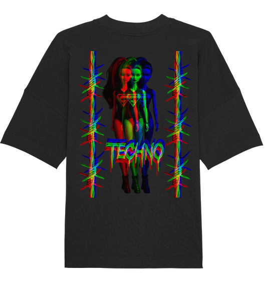 Techno Shirt mit dreifach überlagertem Barbie-Motiv, Dornenrahmen und Farb-Backprint – Rückseite des schwarzen Oversize Shirts aus Bio-Baumwolle