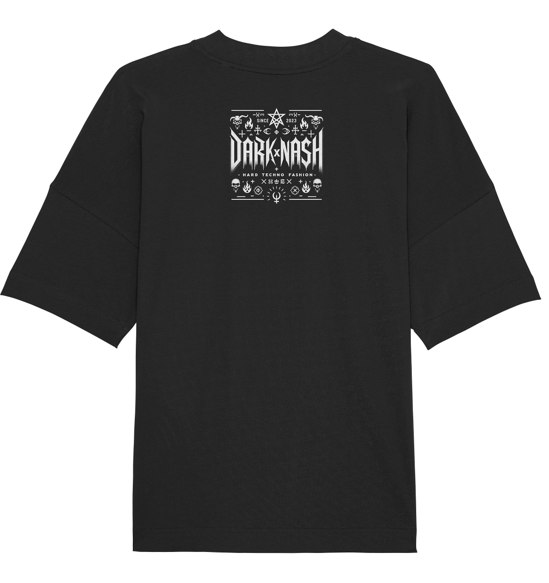 Rückseite des Acid Smiley T-Shirts mit DARKXNASH-Logo und Hard Techno Fashion Schriftzug in weißem, minimalistischen Design.