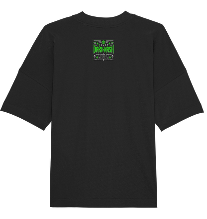 Rückseite eines schwarzen T-Shirts mit grünem DarkxNash-Logo und minimalistischen techno-inspirierten Elementen im oberen Bereich.