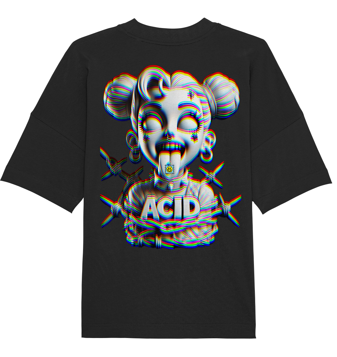 Schwarzes T-Shirt mit auffälligem Acid-Design: Cartoon-Gesicht in psychedelischen Farben, mit herausgestreckter Zunge und Schriftzug 'ACID', umgeben von Stacheldraht – inspiriert von Rave- und Techno-Kultur.