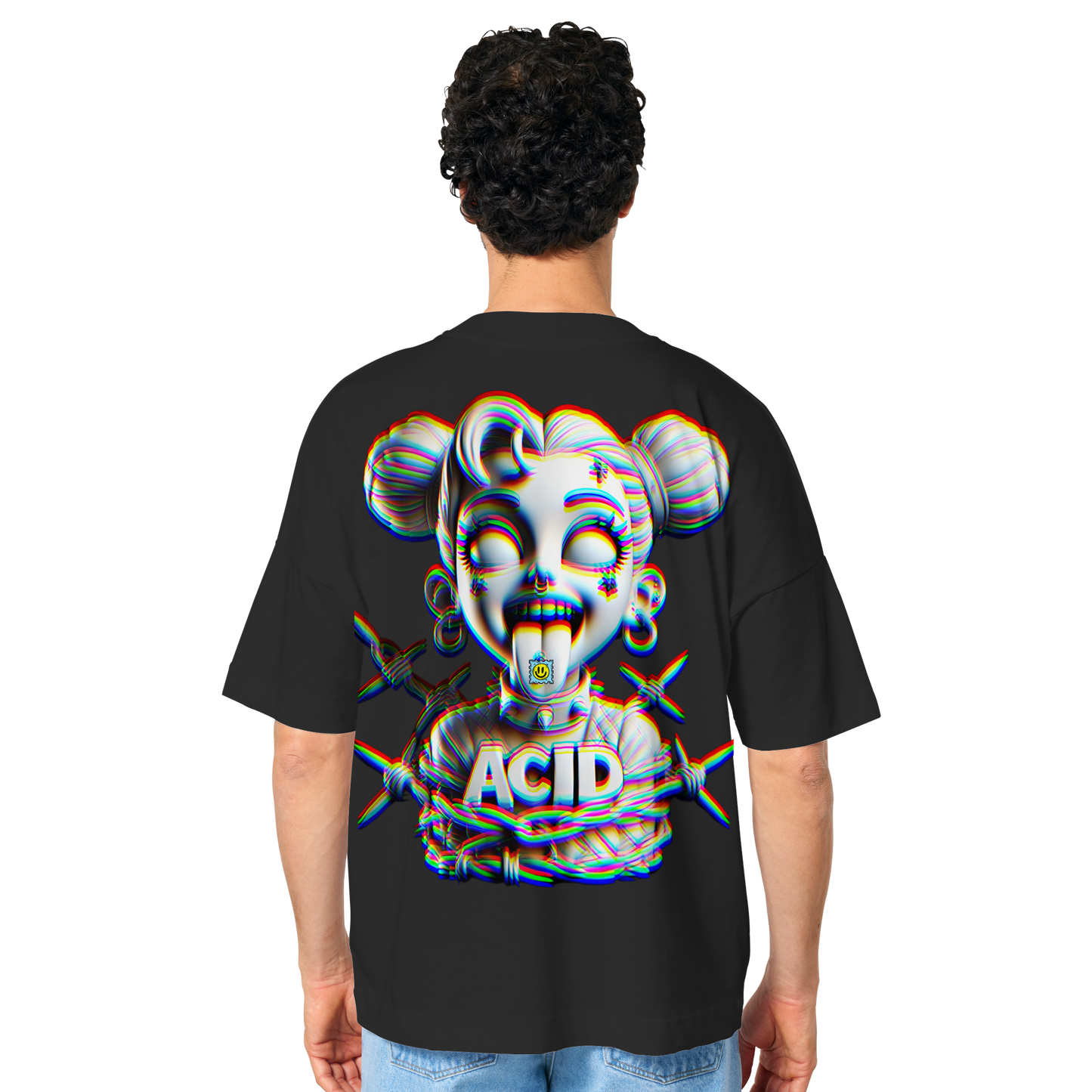 Person trägt schwarzes T-Shirt mit auffälligem Acid-Design: Cartoon-Gesicht mit psychedelischen Farben und einem Retro-Techno-Stil, passend für Rave und Techno-Fans.