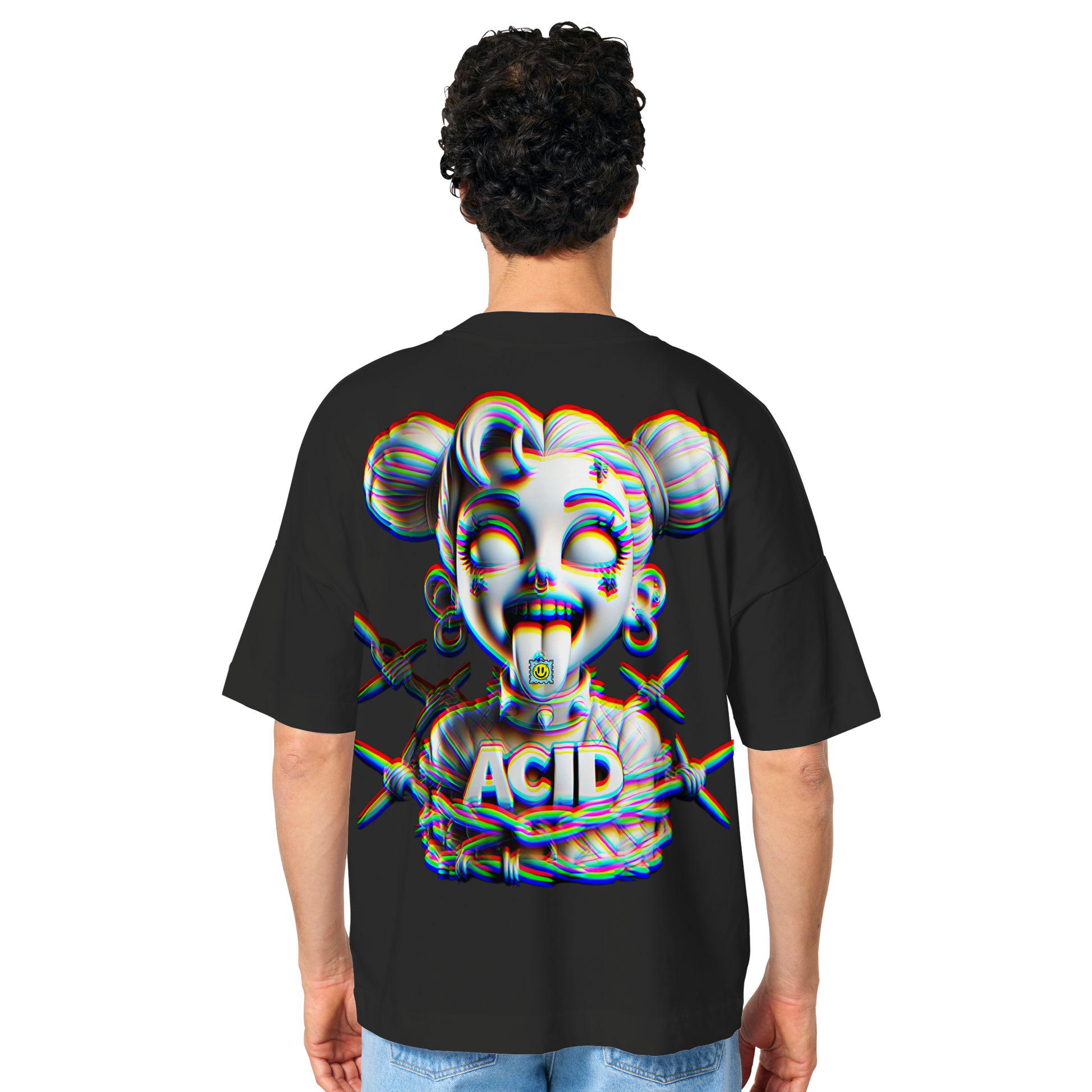 Person trägt schwarzes T-Shirt mit auffälligem Acid-Design: Cartoon-Gesicht mit psychedelischen Farben und einem Retro-Techno-Stil, passend für Rave und Techno-Fans.
