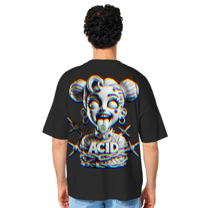 Person trägt schwarzes T-Shirt mit auffälligem Acid-Design: Cartoon-Gesicht mit psychedelischen Farben und einem Retro-Techno-Stil, passend für Rave und Techno-Fans.