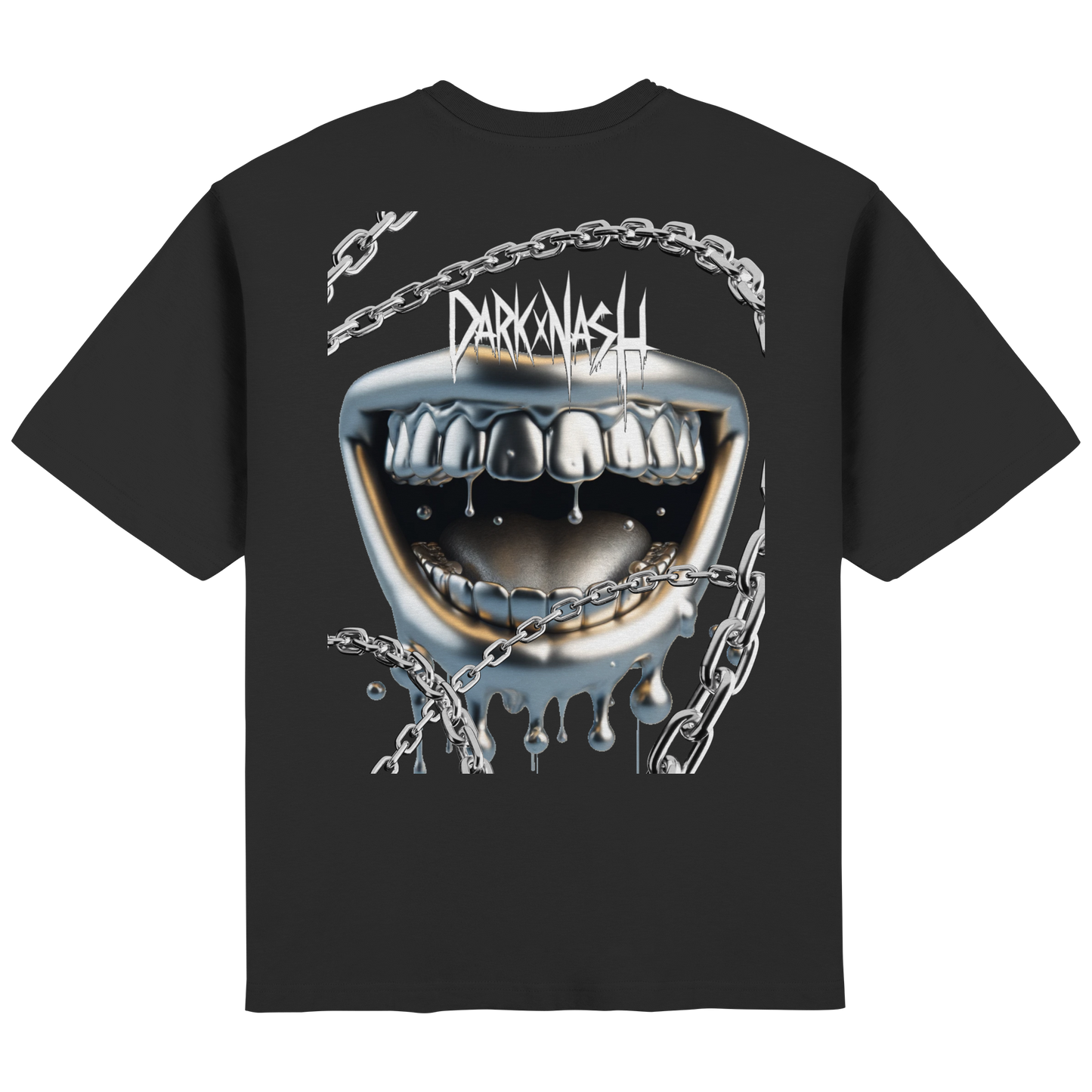 Schwarzes Oversized Streetwear T-Shirt mit Ketten-Mund Backprint und DARKXNASH Logo
