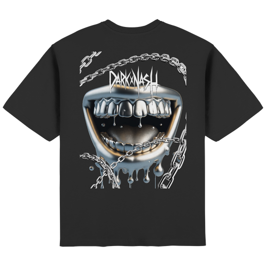 Schwarzes Oversized Streetwear T-Shirt mit Ketten-Mund Backprint und DARKXNASH Logo