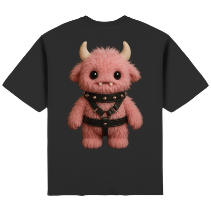 Schwarzes Oversized T-Shirt mit süßem pinkem Monster auf dem Rücken