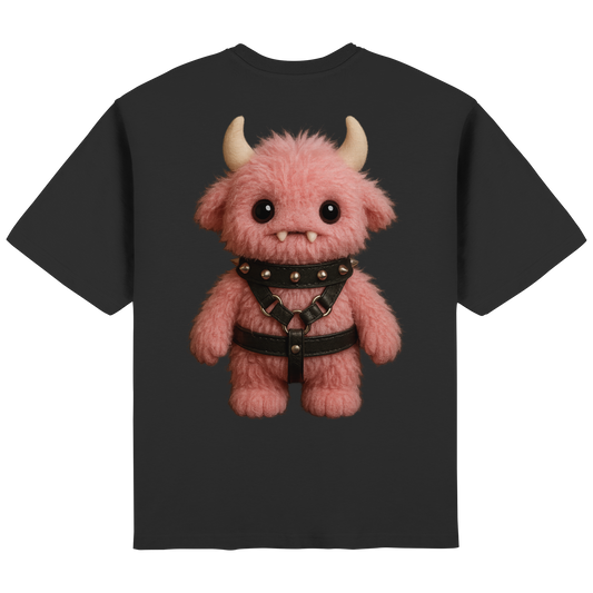 Schwarzes Oversized T-Shirt mit süßem pinkem Monster auf dem Rücken
