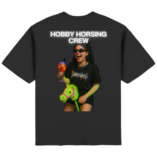 Schwarzes Oversized Streetwear T-Shirt mit Hobby Horsing Crew Rückenprint – DARKXNASH Fashion