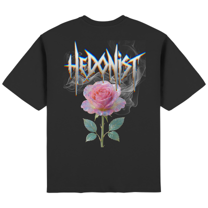 Schwarzes Oversized T-Shirt mit HEDONIST Schriftzug und rosafarbener Rose als Rückendesign
