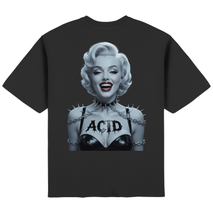 Oversized Streetwear T-Shirt mit Acid Marilyn Print – monochromes Design mit Chains, Latex-Look und boldem Schriftzug.