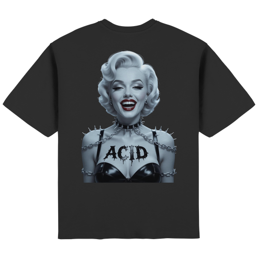 Oversized Streetwear T-Shirt mit Acid Marilyn Print – monochromes Design mit Chains, Latex-Look und boldem Schriftzug.