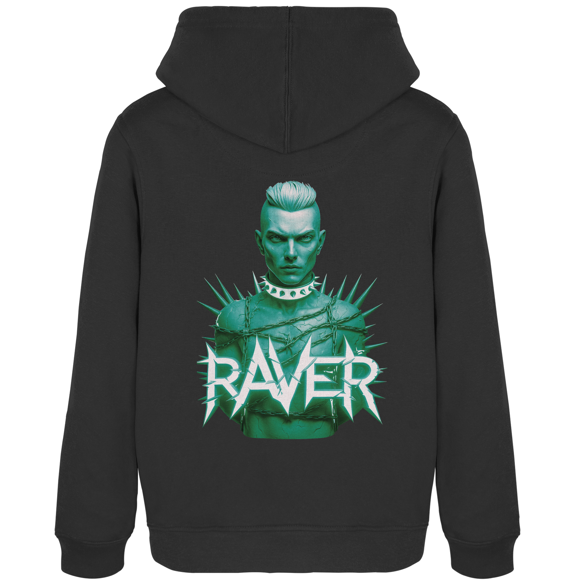 Schwarzer Damen Hoodie mit Green Raver Boy Motiv auf dem Rücken – Rave Hoodie für Techno Festival und Club.