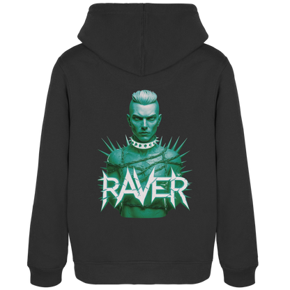 Schwarzer Damen Hoodie mit Green Raver Boy Motiv auf dem Rücken – Rave Hoodie für Techno Festival und Club.