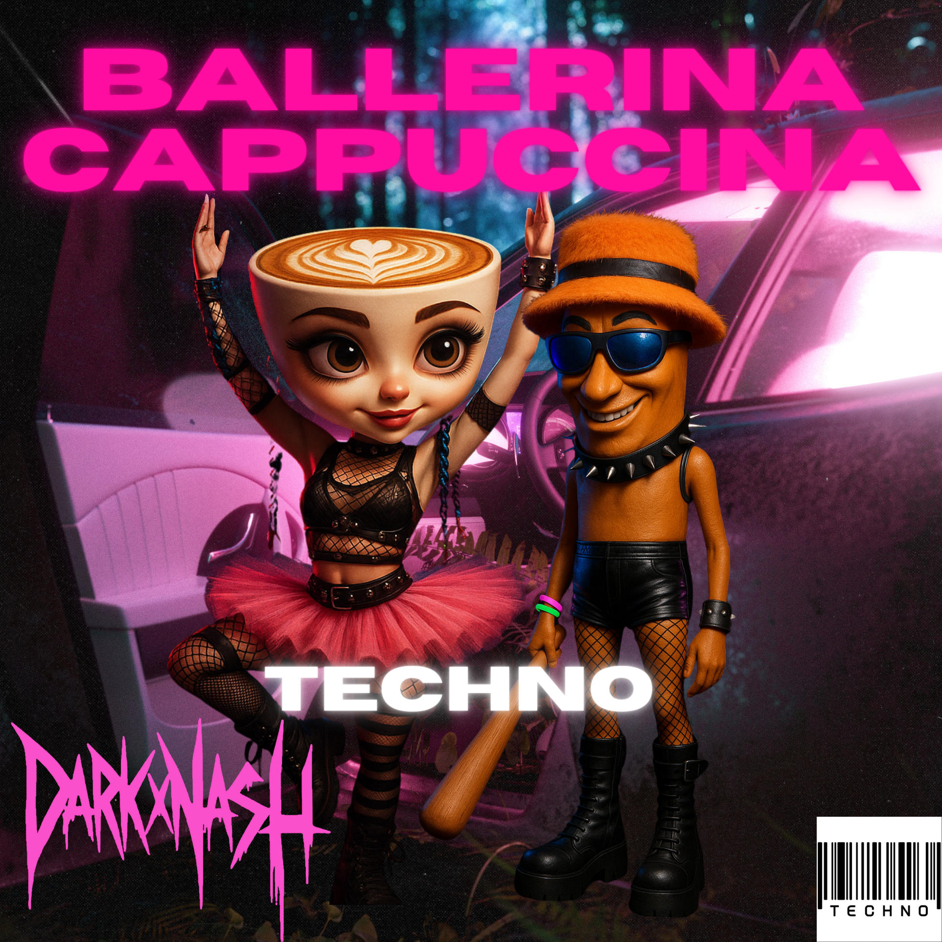 DarkXNASH Cover „Ballerina Cappuccina“ mit Cartoon-Figuren im Techno-Stil, pinkem Licht und verspieltem 3D-Design.