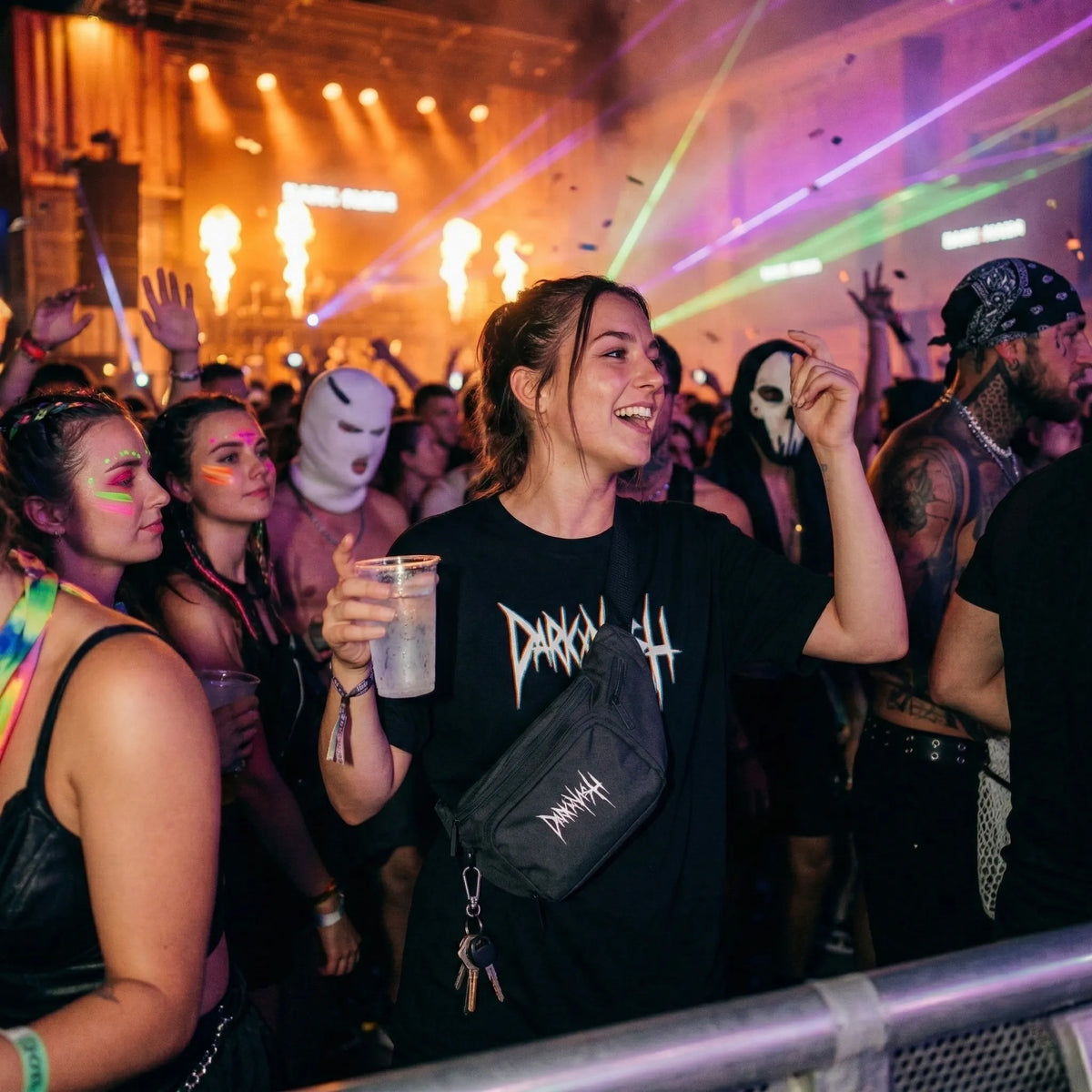 Frau auf Techno-Rave trägt schwarze DARKXNASH Bauchtasche als Festival Bag in einer Crowd mit Laserlicht