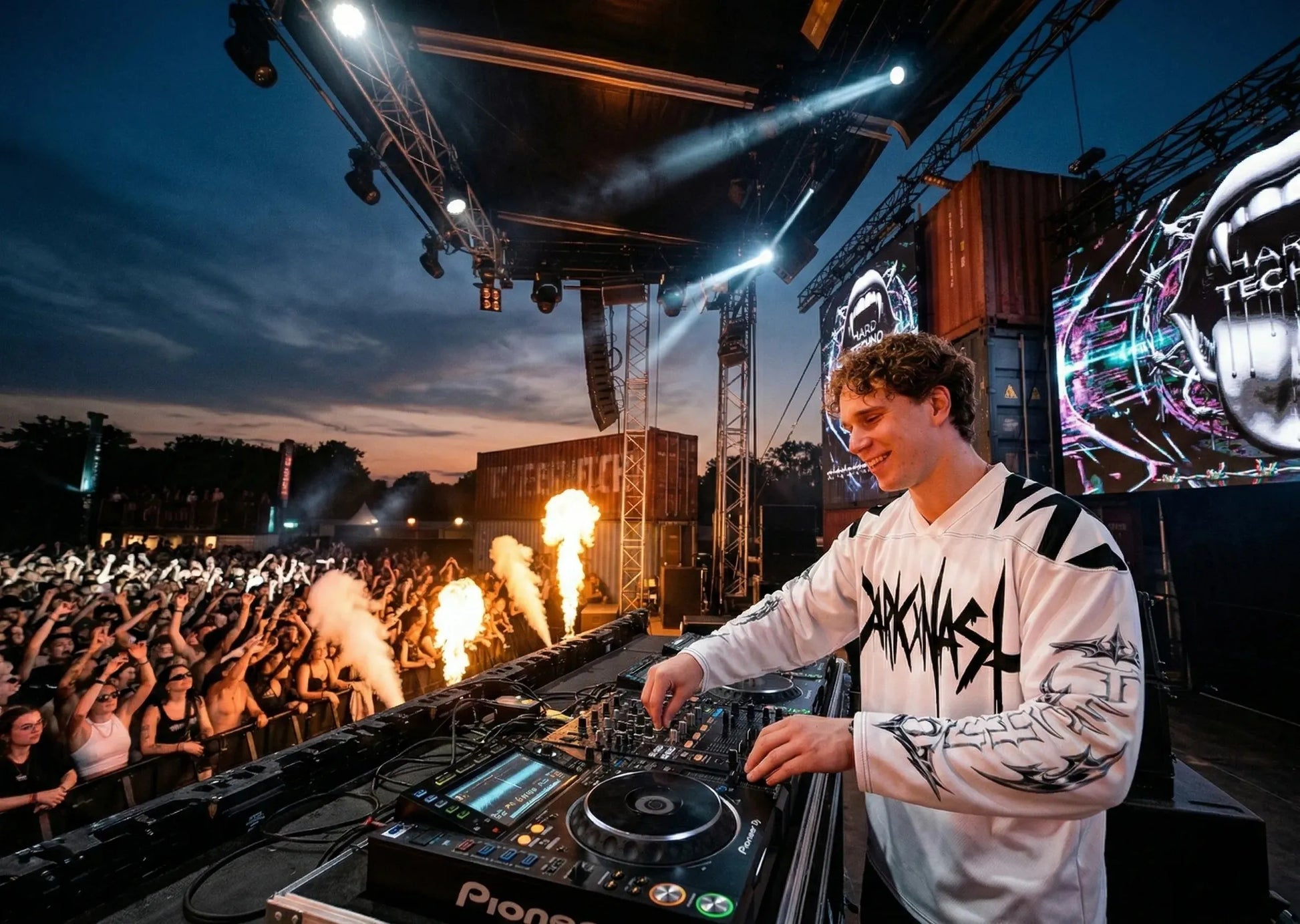 DJ trägt DARKXNASH Rave Jersey auf großer Techno Festival Bühne mit Crowd, Feuer-Effekten und Lichtshow.
