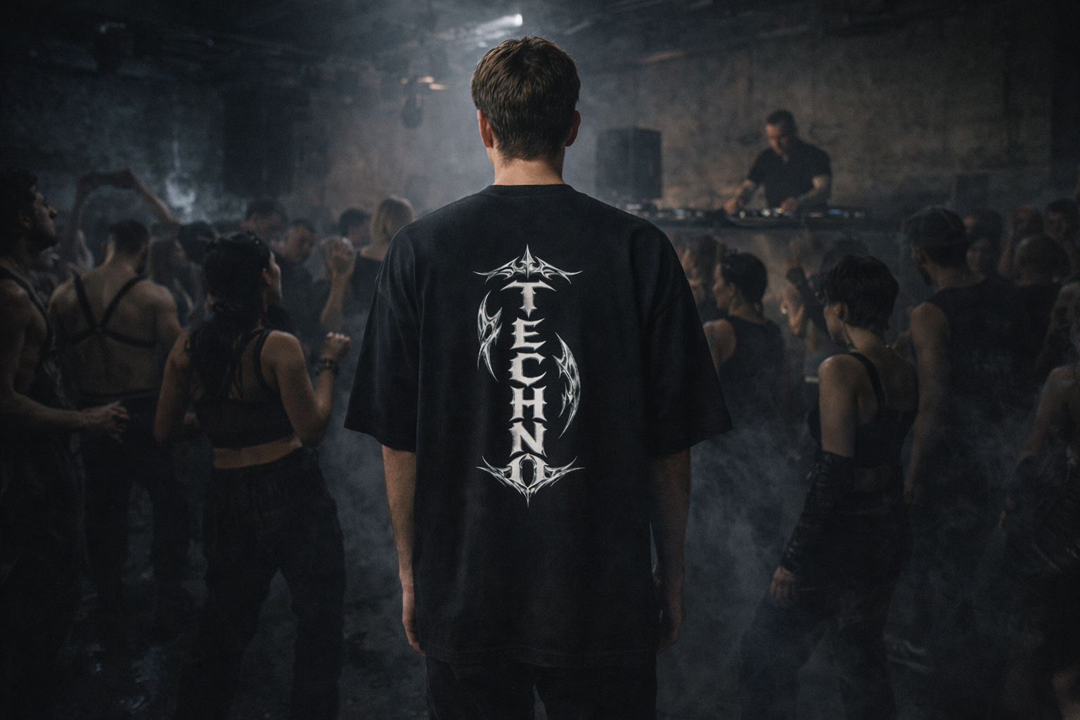 Techno Backprint T-Shirt DARKXNASH, schwarzes Herren Shirt im Club, Rave Szene, DJ und Crowd im Hintergrund