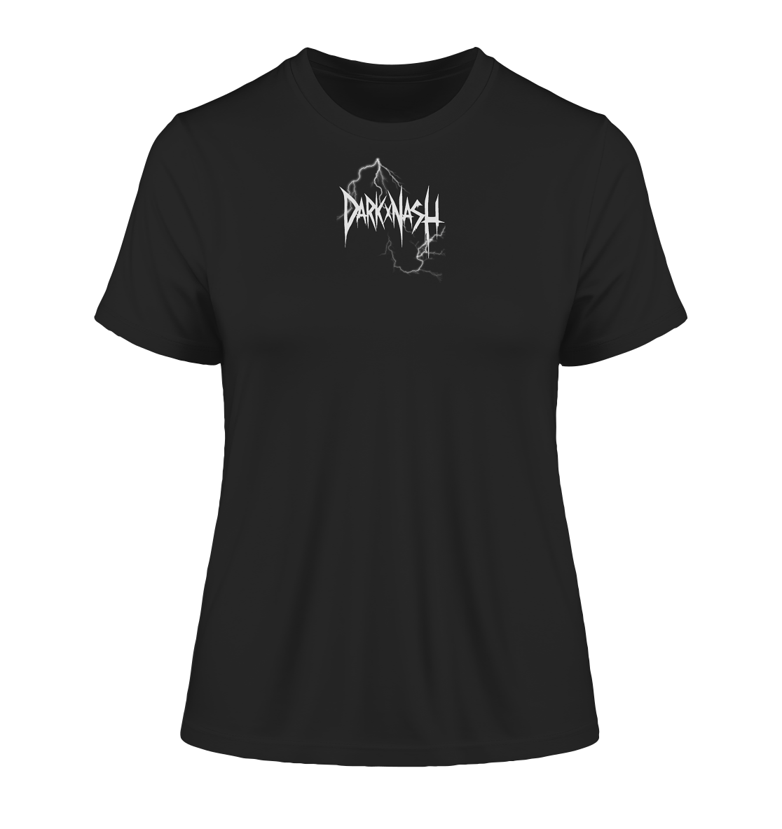 Schwarzes Ladies-T-Shirt mit minimalistischem Design und dem weißen Schriftzug 'DarkXNash', durchzogen von elektrischen Blitzen, ideal für Techno- und Rave-Fans.