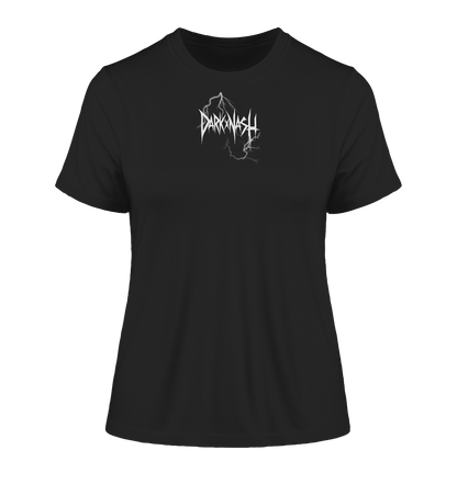 Schwarzes Ladies-T-Shirt mit minimalistischem Design und dem weißen Schriftzug 'DarkXNash', durchzogen von elektrischen Blitzen, ideal für Techno- und Rave-Fans.