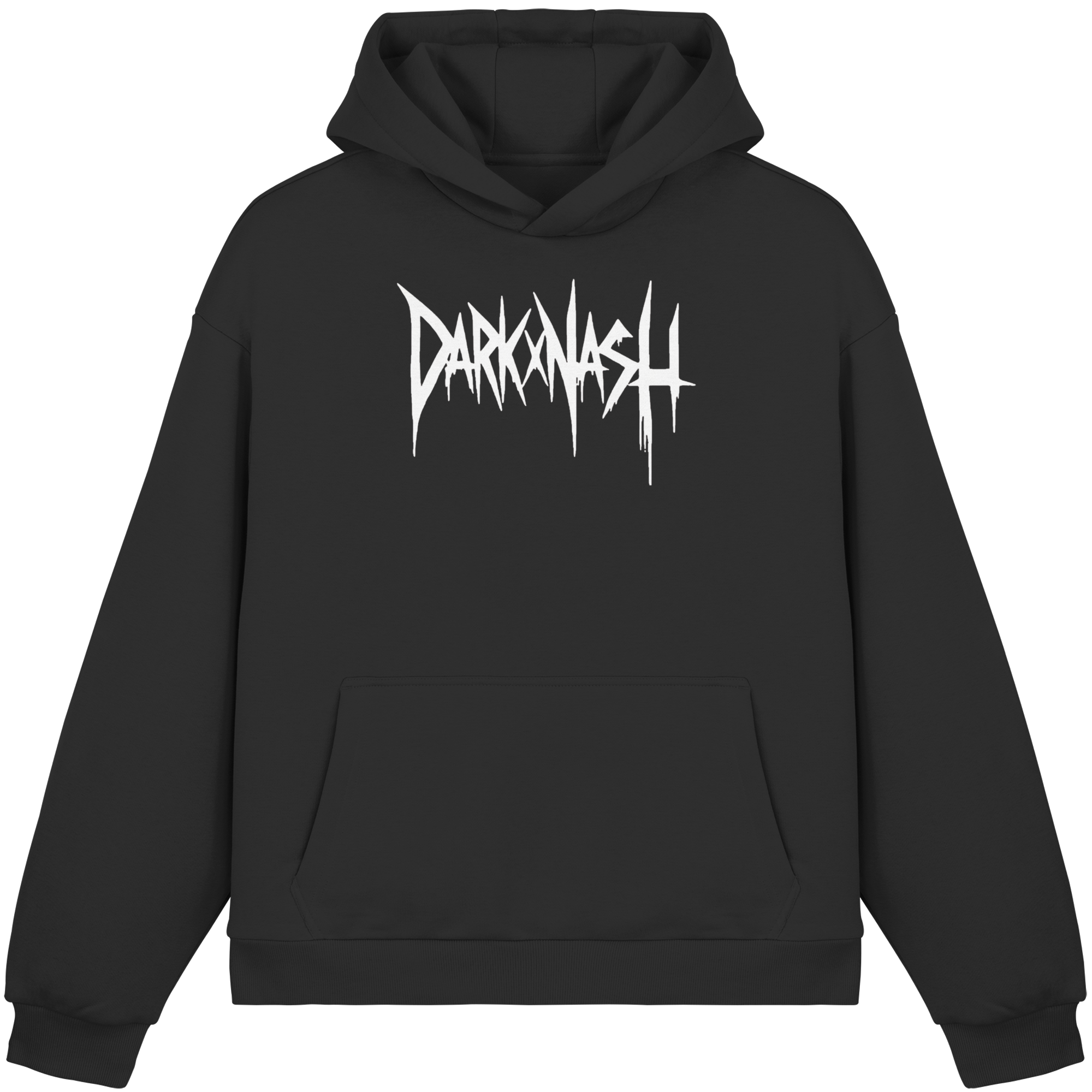 Schwarzer Oversize Boxcut Hoodie mit weißem DARKXNASH Frontlogo – Techno Streetwear