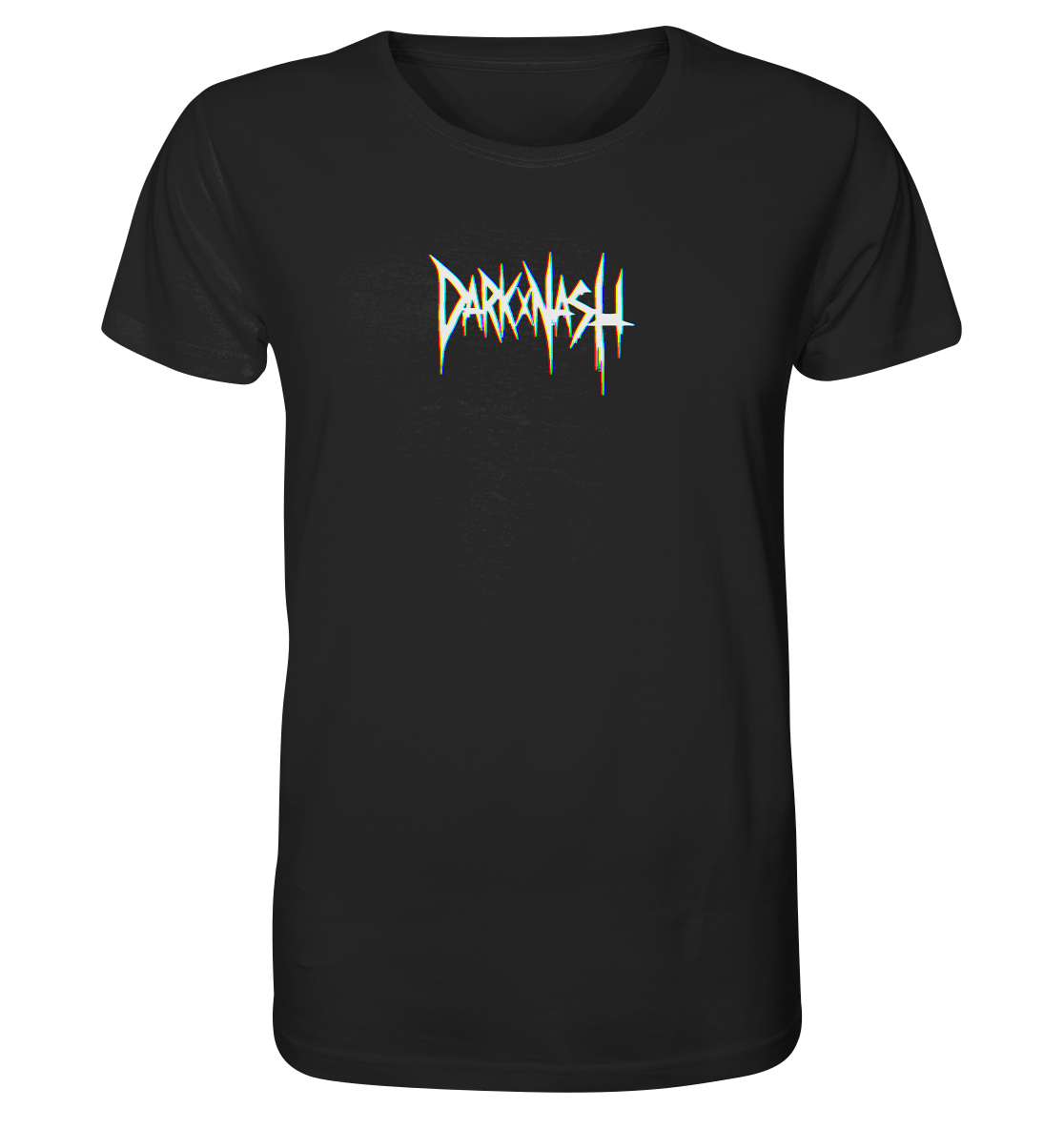 Schwarzes T-Shirt mit glitchy DARKXNASH-Logo in scharfer, verzerrter Schrift auf der Brust – minimalistisch und edgy.