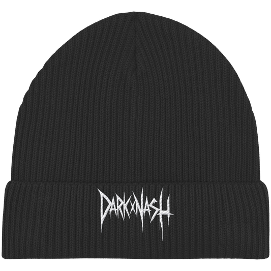 Schwarze Organic Fisherman Beanie mit weißem DARKXNASH Logo – Streetwear Mütze
