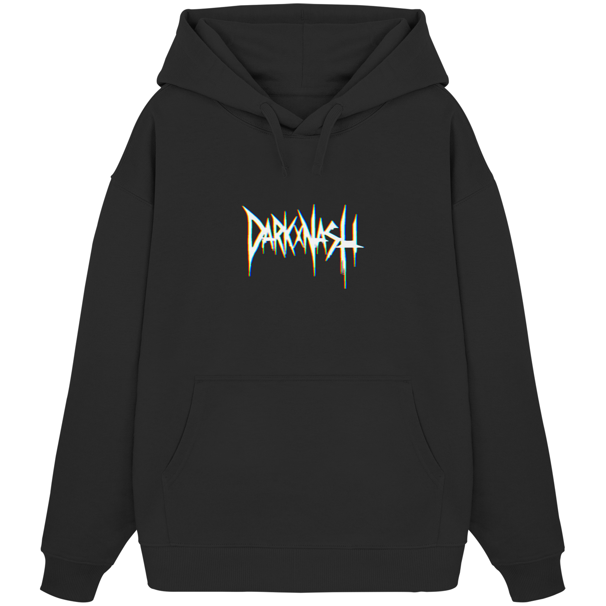 Schwarzer Oversize-Hoodie mit „DarkXnash“-Schriftzug in neonfarbiger Optik, ideal für Techno-Fans und Festivalbesucher.