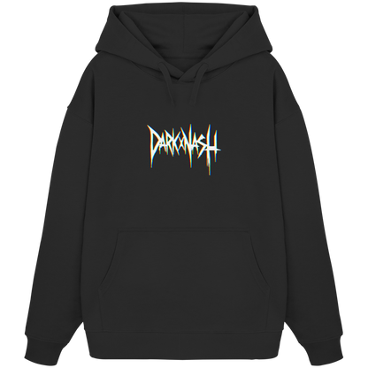 Schwarzer Oversize-Hoodie mit „DarkXnash“-Schriftzug in neonfarbiger Optik, ideal für Techno-Fans und Festivalbesucher.