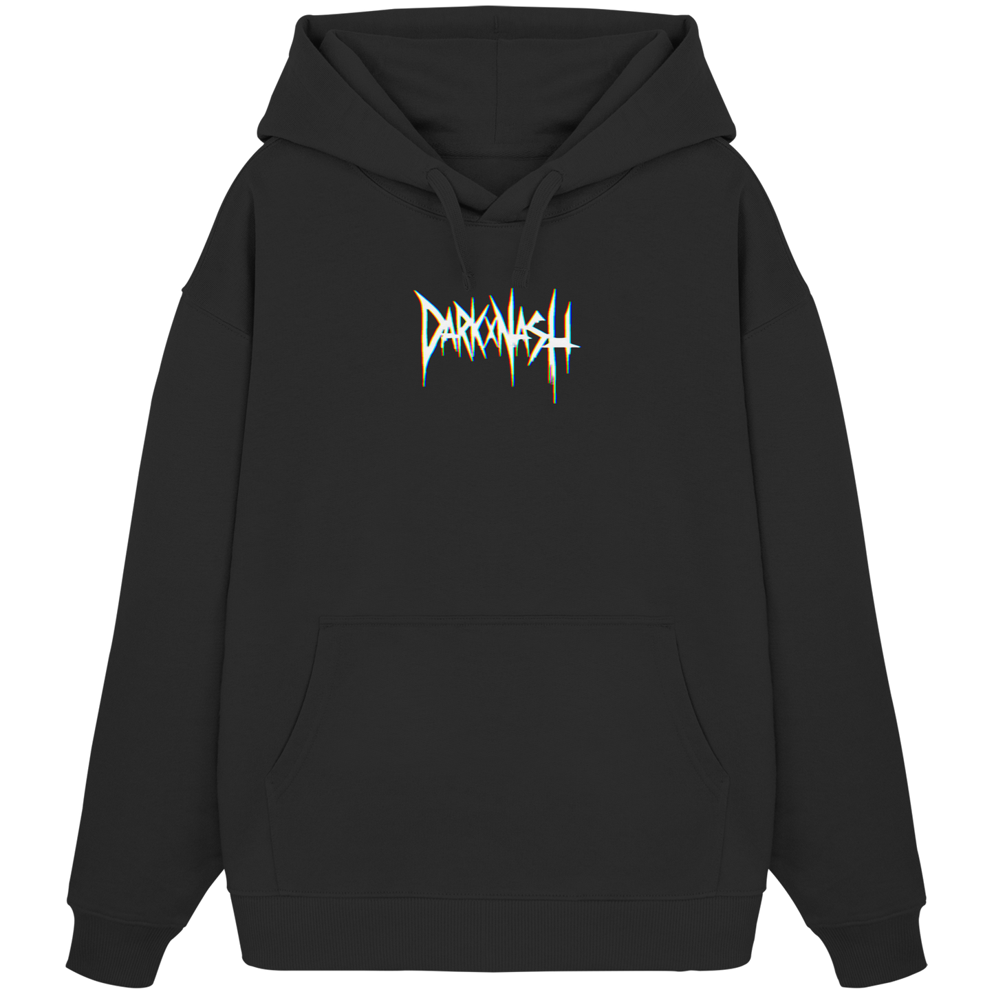 Schwarzer Oversize-Hoodie mit DarkXnash-Logo, minimalistisches Design, ideal für Techno-Fans und urbanen Style.